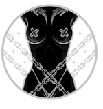 a black and white drawing of woman torso with chains