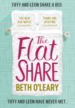 Book cover of The Flatshare by Beth O’Leary — white bed with turquoise floor background.