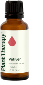 Plant Therapy Vetiver essential oil bottle labeled KidSafe, 30 ml size, clean cream label