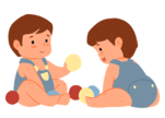 Illustration de deux jeunes enfants assis, jouant avec des balles colorées