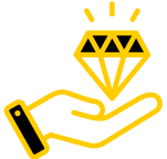 a hand holding a diamond shaped diamond in a yellow and black outline