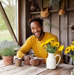 a man sitting at a table with a cup of coffee