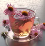 a cup of tea with flowers in a cup of tea