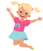 Colorful, smiling cartoon girl jumping and celebrating