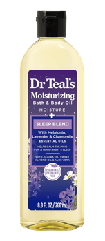 Dr Teal's Moisturizing Bath and Body Oil front label showing sleep blend with lavender and chamomile
