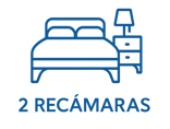 Ícono azul de cama con buró que representa departamento con 2 recámaras, diseño ilustrativo