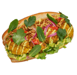 a sandwich bun with roasted coronation cauliflower, pickled red onions, lettuce and herbs