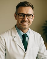 Retrato de um médico sorridente com jaleco e óculos, em um consultório moderno com notebook ao fundo