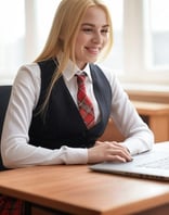 a woman in a school uniform is smiling and holding a laptop