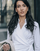 a woman in a white shirt