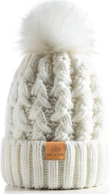 PAGE ONE Womens Winter Ribbed Beanie Crossed Cap Chunky Cable Knit Pompom Soft Warm Hat