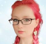 a woman with pink hair and glasses on her face