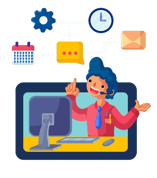  A person working at a computer, receiving support from a virtual assistant or customer service