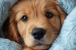 cute Labrador pup wrapped in a fluffy white blanket