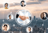 a business meeting with a handshake with a city in the background