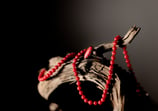 a red beaded necklace with beads on a branch