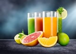 a group of three glasses of juices with fruits and vegetables