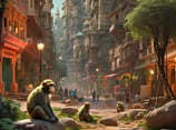 a monkey sitting on a rock in a city