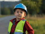 vaikas su sveisa atspindincia liemene ant kurios parasytas vardas Tomas
