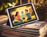 Illustrated family portrait on a stack of books 