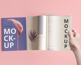 Closed and open magazine mockup against a pink background, showing pages with minimalist text and design.