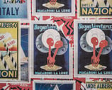 A collage of vintage European posters, featuring vibrant macaroni advertisements and sailing imagery.