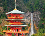Japanese Temple tower with waterfall yoshino kumano