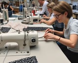 Atelier de couture solidaire en France, artisans en insertion travaillant des tissus revalorisés.