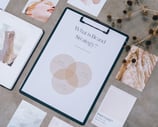 A clipboard titled "What is Brand Strategy?" surrounded by various aesthetic images on a concrete surface.