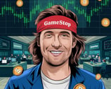 a man with a red headband and a red headband with bitcoin