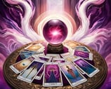une table avec une boule de cristal et un tarot des cartes oracles