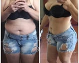 Foto de antes e depois com foco em exercícios de baixo impacto e dieta balanceada.