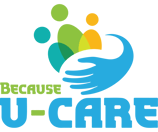 Logo for Because you care with people surrounded by a blue hand