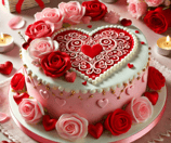A beautifully decorated Valentine's Day cake with heart-shaped designs, red roses