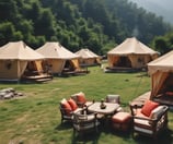 A rustic thatched-roof hut sits on the edge of a calm, reflective body of water. The surrounding dense rainforest is lush and verdant, with a variety of trees and plants. The scene exudes tranquility and isolation, blending harmoniously with nature.