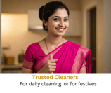 A smiling woman in a pink sari giving a thumbs‑up, captioned ‘Trusted Cleaners – For daily cleaning 