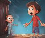 a boy standing in front of a door with a surprised look on his face