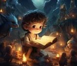 a boy reading a book in a dark room