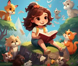 a girl is sitting on a rock with a book and a cat