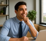 Hombre en la oficina, pensando en emprender y poner un negocio para más ingresos.