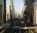 a city street with black smoke billowing through the air