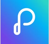 a white and blue logo with a headphone