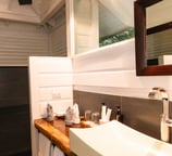 a bathroom with a sink and a shower