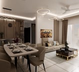 Louge, dinning and brakefast areas fully furnished & lit with a modern chandelier