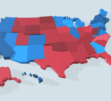 A 3D visualization of the United States of America depicting the 2022 presidential election results.