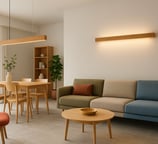 soggiorno living con applique e sospensione tavolo in legno led modern