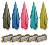 a group of four different colored towels and a remote control system