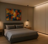 camera matrimoniale moderna con quadro ed illuminazione a led su progetto