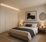 a bedroom with a bed and a mirror