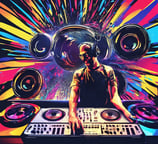 a dj - set up with a dj in front of a colorful background